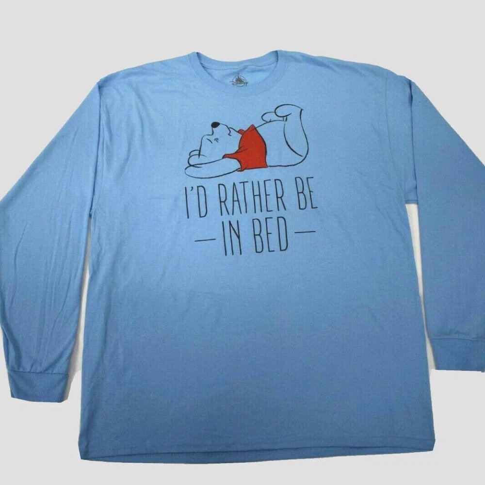 Disney Mens I'd Rather Be In Bed Winnie The Pooh Long Sleeve Blue Shirt New 2XL